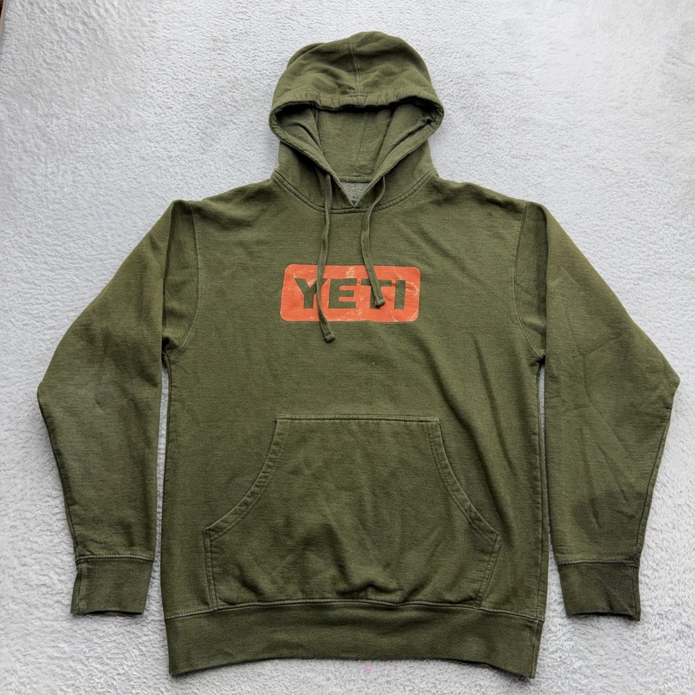 YETI Mens Logo Pullover Hoodie Olive Green Distressed Graphic Sweatshirt Medium